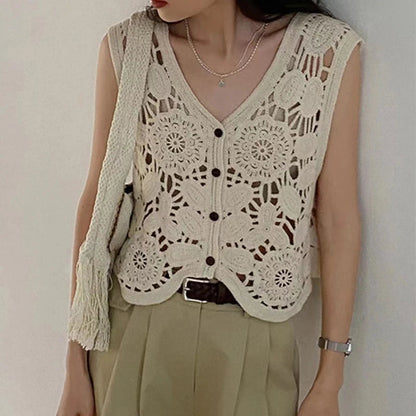 Sheer Crochet Top Embroidery Lace Blouse Cardigan Sleeveless Open-Knit Crop Tops For Women Spring Summer Boho Vacation Outfit