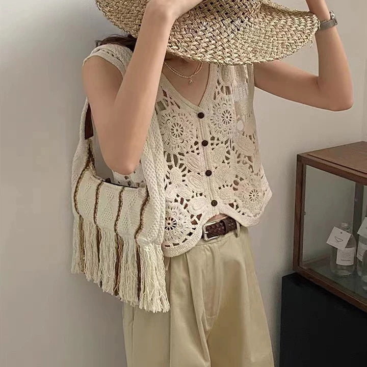 Sheer Crochet Top Embroidery Lace Blouse Cardigan Sleeveless Open-Knit Crop Tops For Women Spring Summer Boho Vacation Outfit