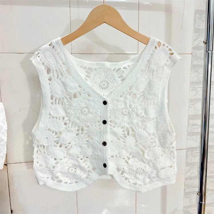 Sheer Crochet Top Embroidery Lace Blouse Cardigan Sleeveless Open-Knit Crop Tops For Women Spring Summer Boho Vacation Outfit