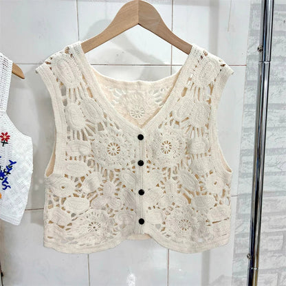 Sheer Crochet Top Embroidery Lace Blouse Cardigan Sleeveless Open-Knit Crop Tops For Women Spring Summer Boho Vacation Outfit