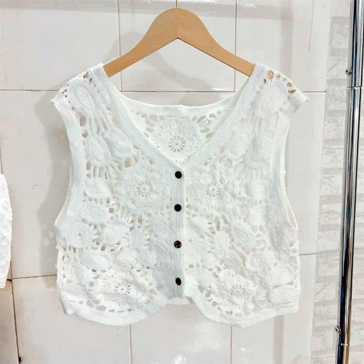 Sheer Crochet Top Embroidery Lace Blouse Cardigan Sleeveless Open-Knit Crop Tops For Women Spring Summer Boho Vacation Outfit