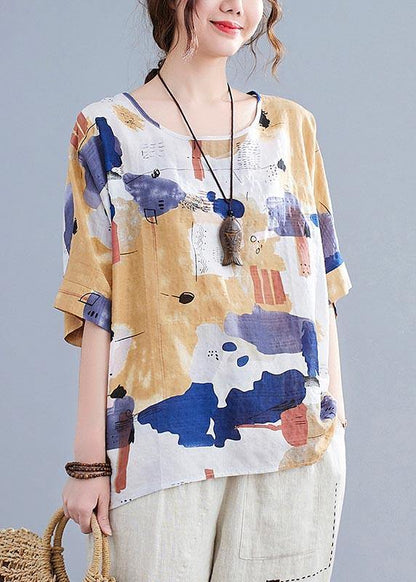 Simple Yellow Print Cotton Linen Shirt Top Summer