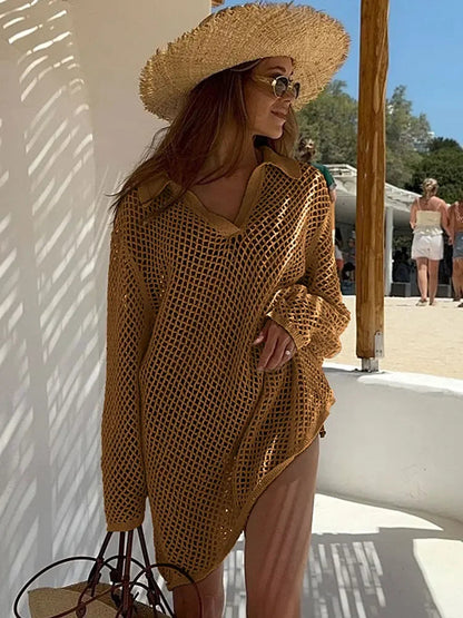 Solid Colour Beach Knit Mini Dress Women'S Summer Sexy Hollow Out Long Sleeve Swimsuit Cover Up Boho Holiday Loose Beachwear K17