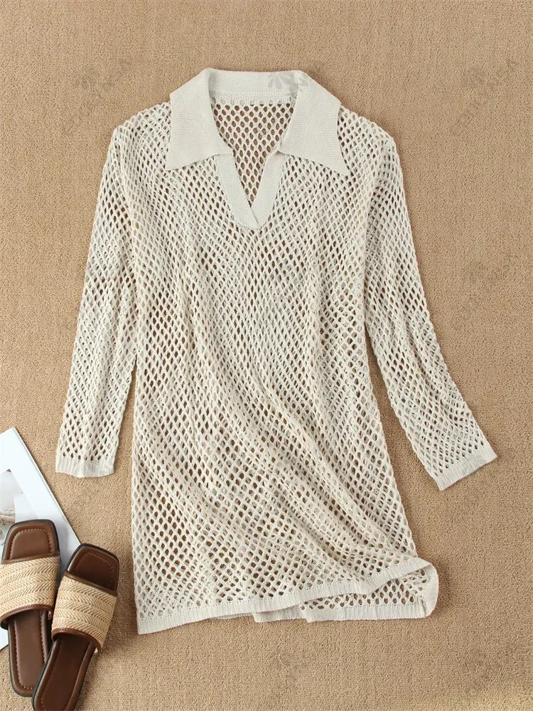 Solid Colour Beach Knit Mini Dress Women'S Summer Sexy Hollow Out Long Sleeve Swimsuit Cover Up Boho Holiday Loose Beachwear K17