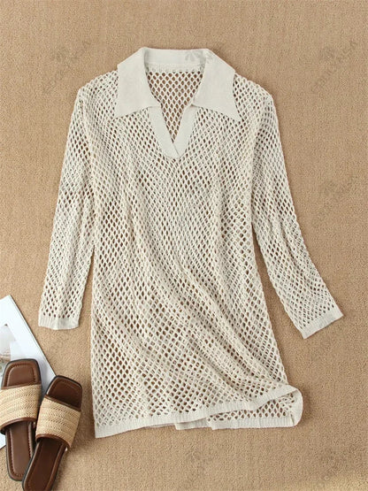Solid Colour Beach Knit Mini Dress Women'S Summer Sexy Hollow Out Long Sleeve Swimsuit Cover Up Boho Holiday Loose Beachwear K17