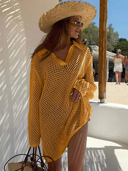 Solid Colour Beach Knit Mini Dress Women'S Summer Sexy Hollow Out Long Sleeve Swimsuit Cover Up Boho Holiday Loose Beachwear K17