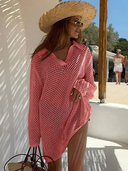 Solid Colour Beach Knit Mini Dress Women'S Summer Sexy Hollow Out Long Sleeve Swimsuit Cover Up Boho Holiday Loose Beachwear K17