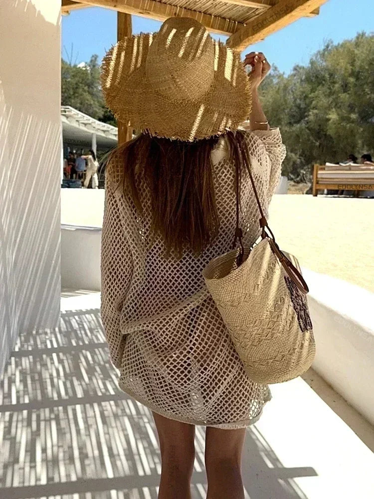 Solid Colour Beach Knit Mini Dress Women'S Summer Sexy Hollow Out Long Sleeve Swimsuit Cover Up Boho Holiday Loose Beachwear K17