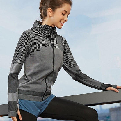 Splice Color Gym Workout Jackets Women Quick Dry Yoga Seamless Sport Fitness Coat Outwear Zipper Training Running Jacket Women'S
