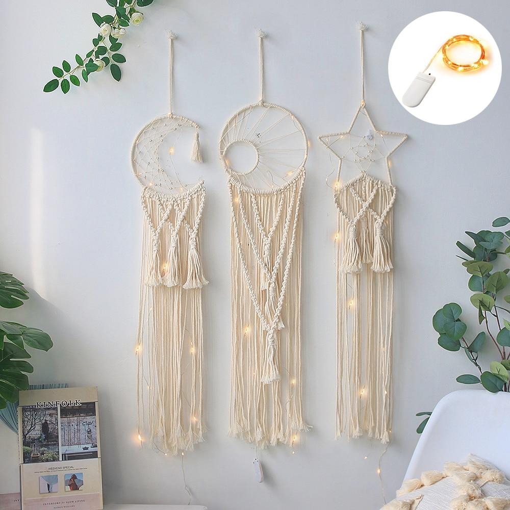 Star Moon Sun Dream Catcher Boho Home Wall Decor Girls Kids Nursery Garden Decoration Outdoor Gifts With Light