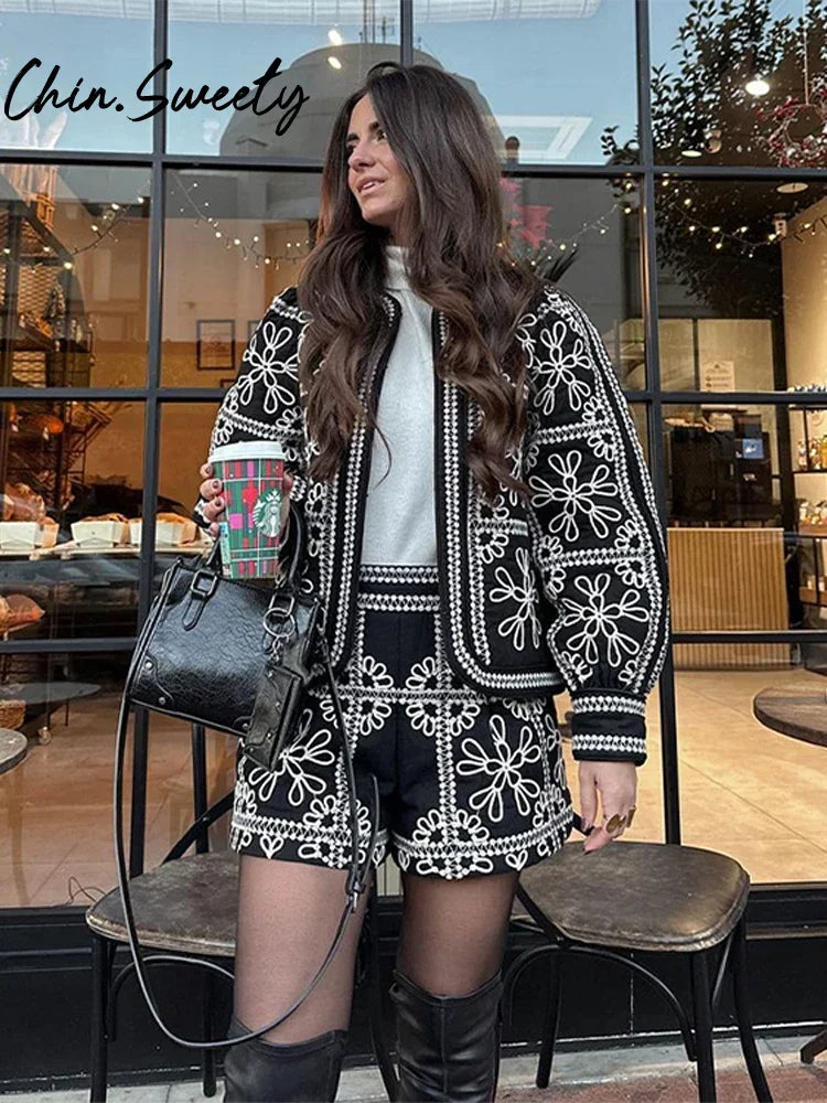 Street Print Coat Shorts Set Women Loose O-Neck Lantern Cardigans Elastic Shorts Female Suit 2024 Autumn Fashion Y2K Lady Outfit