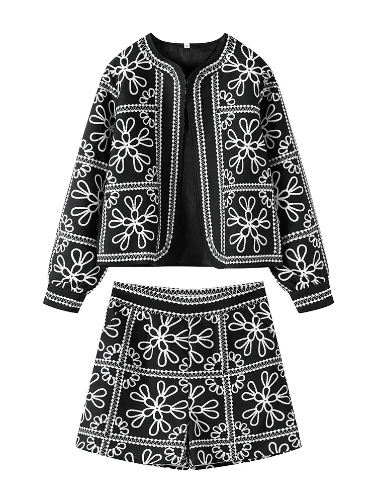 Street Print Coat Shorts Set Women Loose O-Neck Lantern Cardigans Elastic Shorts Female Suit 2024 Autumn Fashion Y2K Lady Outfit