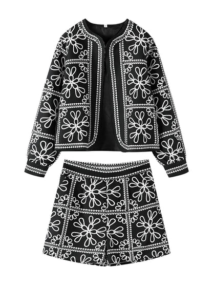 Street Print Coat Shorts Set Women Loose O-Neck Lantern Cardigans Elastic Shorts Female Suit 2024 Autumn Fashion Y2K Lady Outfit