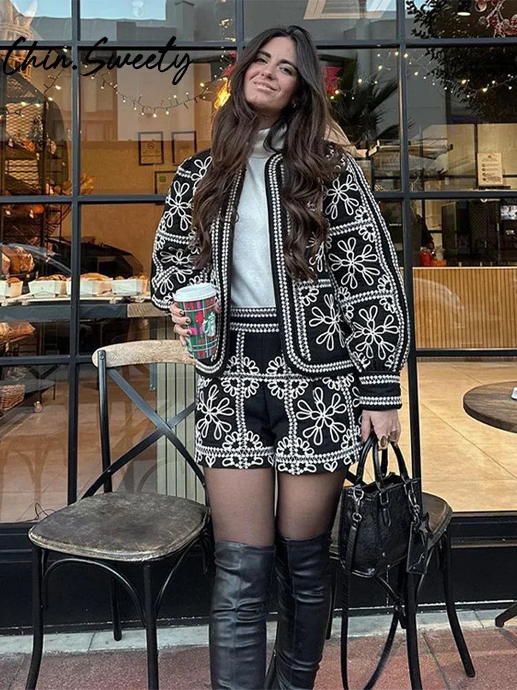 Street Print Coat Shorts Set Women Loose O-Neck Lantern Cardigans Elastic Shorts Female Suit 2024 Autumn Fashion Y2K Lady Outfit