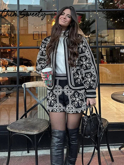 Street Print Coat Shorts Set Women Loose O-Neck Lantern Cardigans Elastic Shorts Female Suit 2024 Autumn Fashion Y2K Lady Outfit