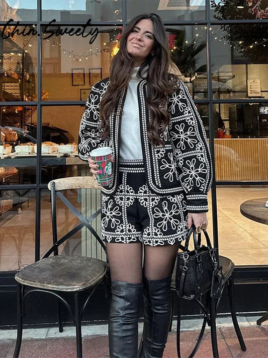 Street Print Coat Shorts Set Women Loose O-Neck Lantern Cardigans Elastic Shorts Female Suit 2024 Autumn Fashion Y2K Lady Outfit