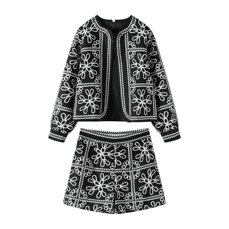 Street Print Coat Shorts Set Women Loose O-Neck Lantern Cardigans Elastic Shorts Female Suit 2024 Autumn Fashion Y2K Lady Outfit