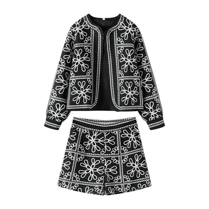 Street Print Coat Shorts Set Women Loose O-Neck Lantern Cardigans Elastic Shorts Female Suit 2024 Autumn Fashion Y2K Lady Outfit