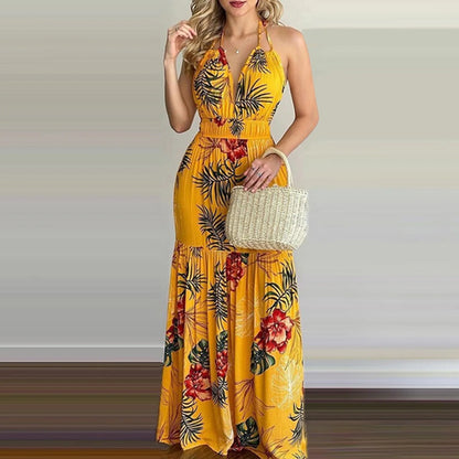 Summer Long Dress Bohemia Floral Casual Dresses Sexy Backless Halter Strapless 2023 Beach Sundress Vacation Clothes For Women