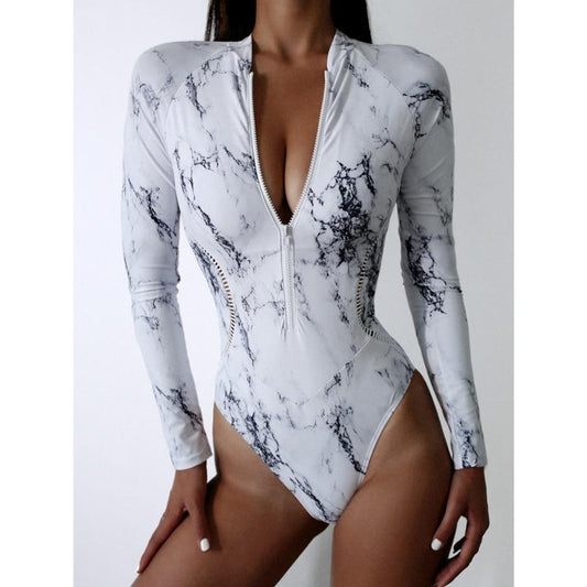 Summer Print Zipper One Piece Swimsuit Closed Long Sleeve Swimwear Sports Surfing Women'S Swimming Bathing Suit Beach Bather