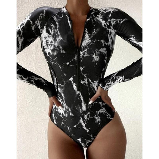 Summer Print Zipper One Piece Swimsuit Closed Long Sleeve Swimwear Sports Surfing Women'S Swimming Bathing Suit Beach Bather