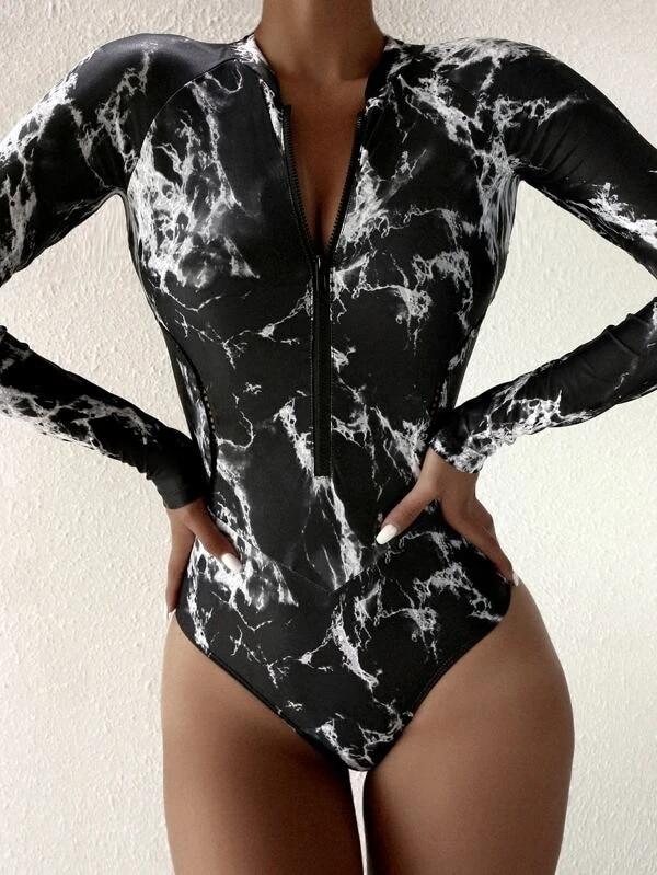 Summer Print Zipper One Piece Swimsuit Closed Long Sleeve Swimwear Sports Surfing Women'S Swimming Bathing Suit Beach Bather