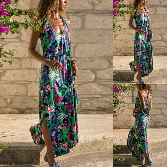Summer Women Fashion Sexy Causal Elegant Sleeveless Floral Hollow-Out Back Maxi Dress