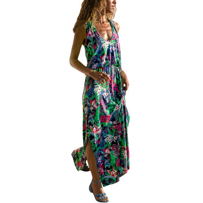 Summer Women Fashion Sexy Causal Elegant Sleeveless Floral Hollow-Out Back Maxi Dress