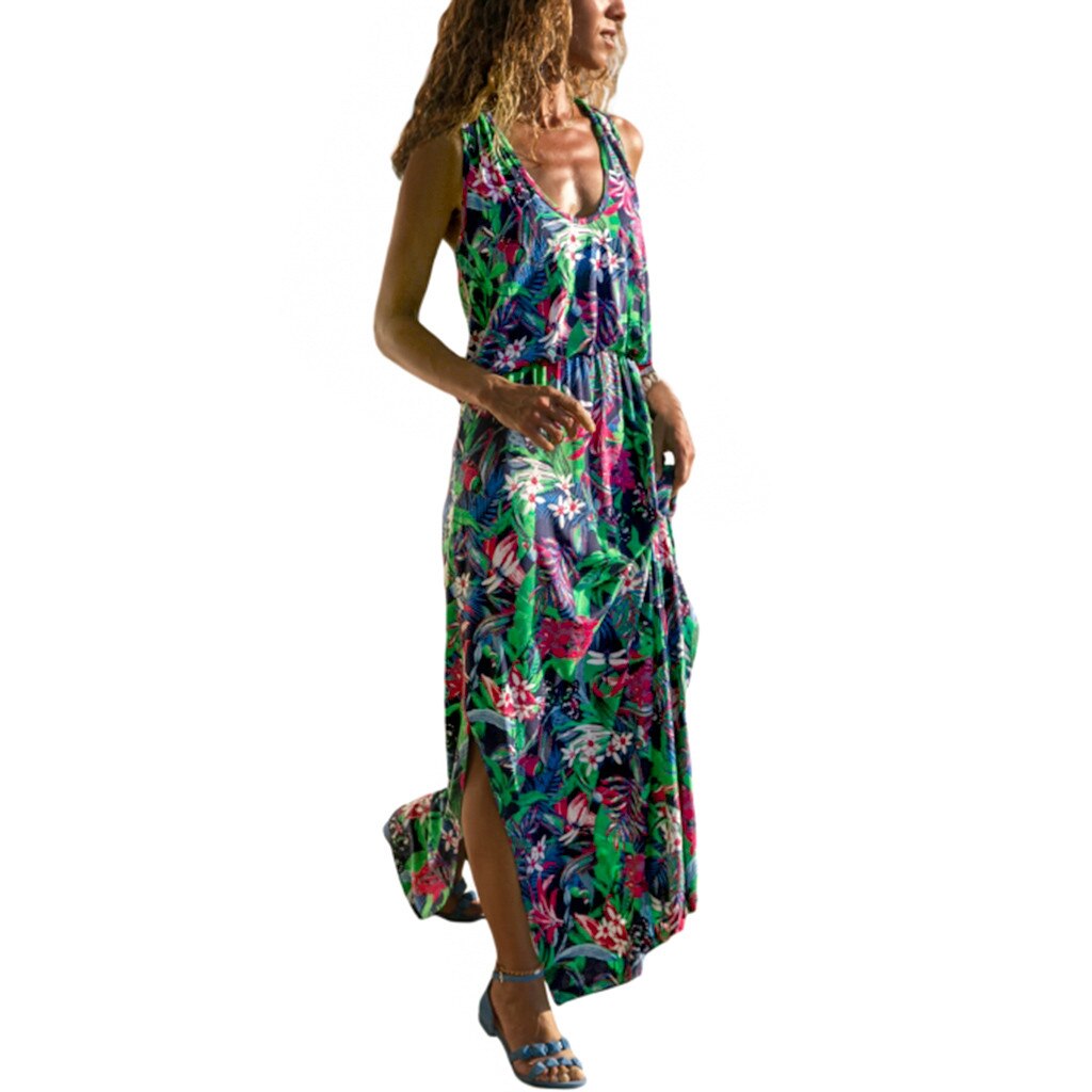 Summer Women Fashion Sexy Causal Elegant Sleeveless Floral Hollow-Out Back Maxi Dress