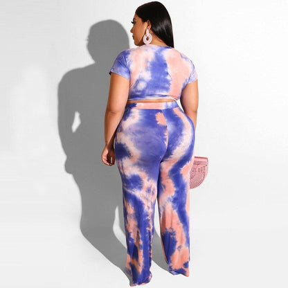 Summer Women Short Sleeve Wide Leg Pant 2 Piece Set Tie Dye Tracksuit Casual Loose Outfits