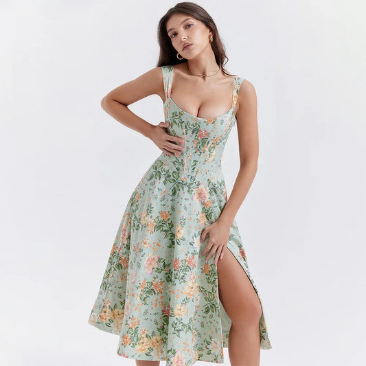 Suninheart Summer Dress Women 2023 Green Lace Up Floral Print Dress Elegant With Boning Casual Party Holiday Dress High Quality