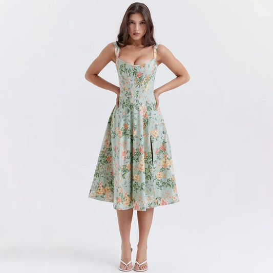 Suninheart Summer Dress Women 2023 Green Lace Up Floral Print Dress Elegant With Boning Casual Party Holiday Dress High Quality