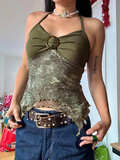 Sweetown Retro Forest Green Vintage Print Boho Y2K Camisole Backless Halter Tie Asymmetrical Tops Women Summer Vacation Clothing