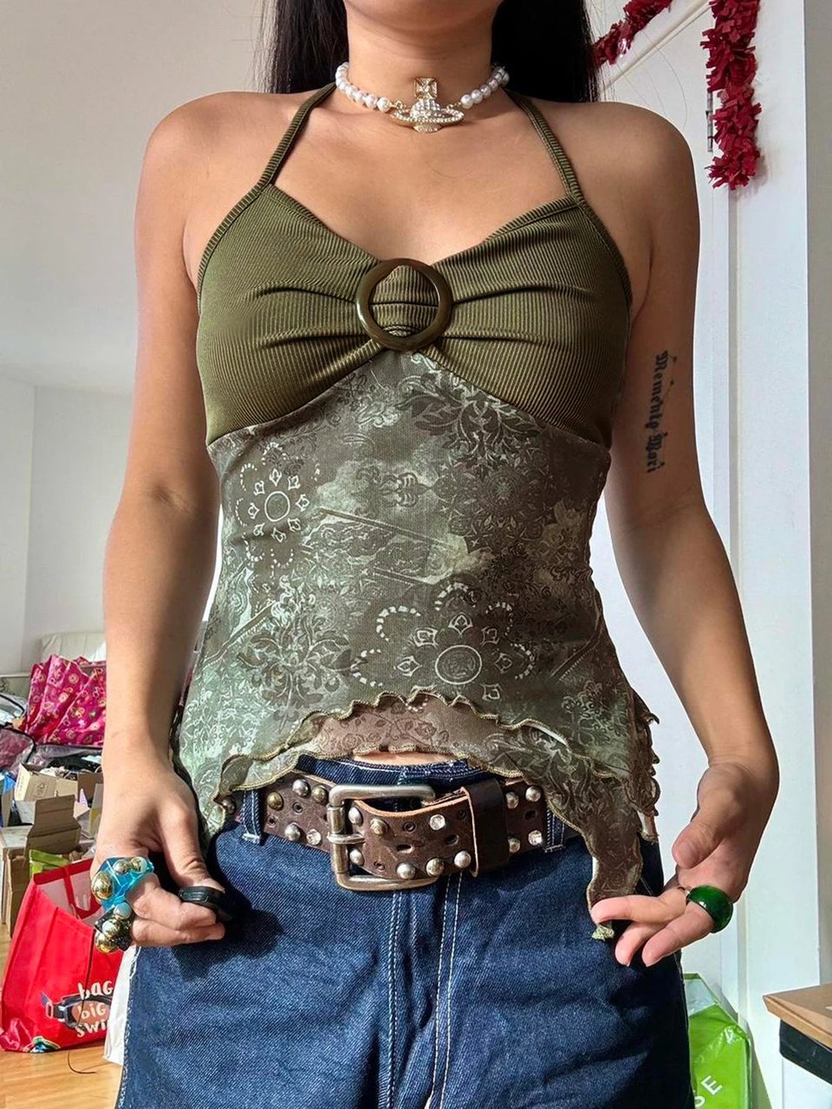 Sweetown Retro Forest Green Vintage Print Boho Y2K Camisole Backless Halter Tie Asymmetrical Tops Women Summer Vacation Clothing