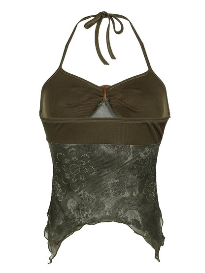Sweetown Retro Forest Green Vintage Print Boho Y2K Camisole Backless Halter Tie Asymmetrical Tops Women Summer Vacation Clothing