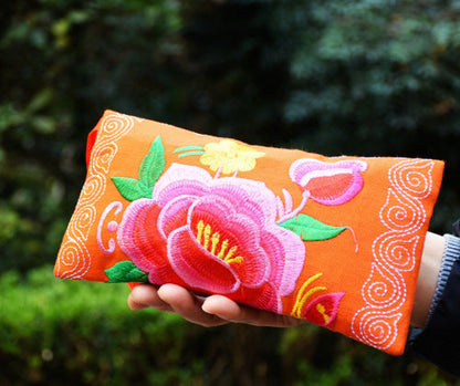 Long Double Sided Embroidered Wallet, Wrist Bag, Handheld Bag, Women'S Bag, Ethnic Style Cotton And Hemp Fabric Art Bag