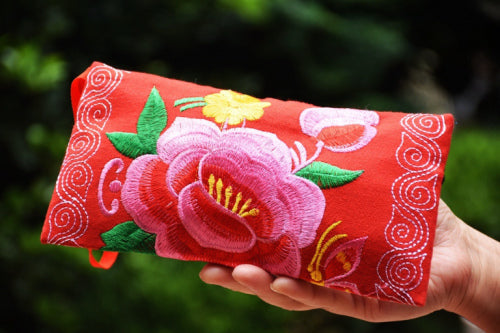 Long Double Sided Embroidered Wallet, Wrist Bag, Handheld Bag, Women'S Bag, Ethnic Style Cotton And Hemp Fabric Art Bag
