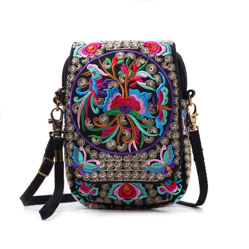 Colorful Cloud Emblem Embroidery Zero Wallet Large Screen Mobile Phone Bag Women'S Crossbody Bag Small Handbag Mini Embroidery Retro Bag
