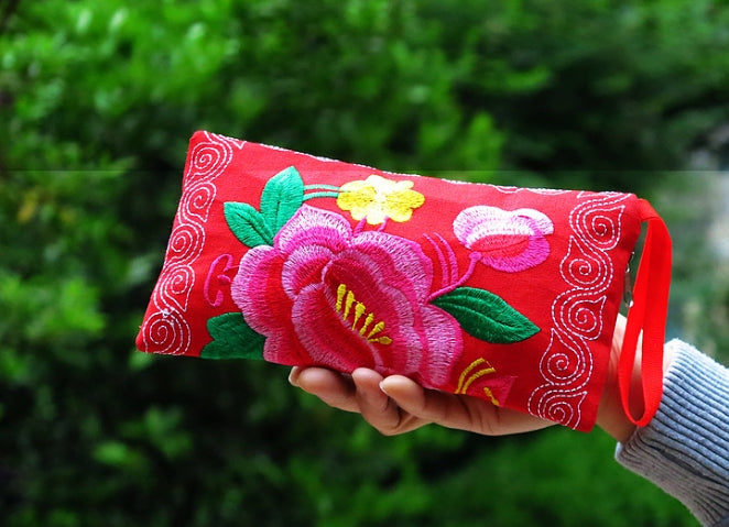 Long Double Sided Embroidered Wallet, Wrist Bag, Handheld Bag, Women'S Bag, Ethnic Style Cotton And Hemp Fabric Art Bag