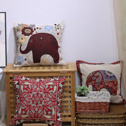 Double Side Embroidered Elephant Cotton Linen Pillowcase Sofa Back, Bedside Cushion Cover