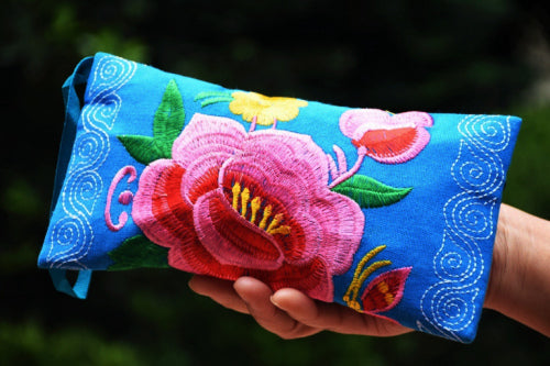 Long Double Sided Embroidered Wallet, Wrist Bag, Handheld Bag, Women'S Bag, Ethnic Style Cotton And Hemp Fabric Art Bag