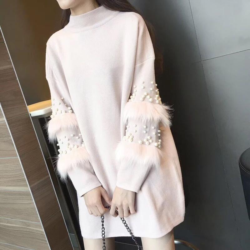 Pompom Fur Pearl Knit Long Loose Autumn Pullover Sweater