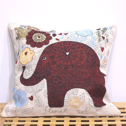 Double Side Embroidered Elephant Cotton Linen Pillowcase Sofa Back, Bedside Cushion Cover