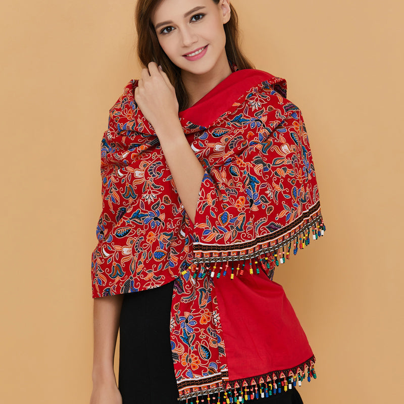 Tibetan Nationality Style Shawl Women'S Spring And Summer Sunscreen Anti Uv Travel Cloak Beaded Tassel
