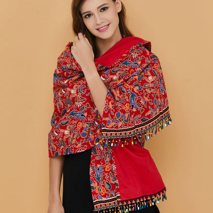 Tibetan Nationality Style Shawl Women'S Spring And Summer Sunscreen Anti Uv Travel Cloak Beaded Tassel
