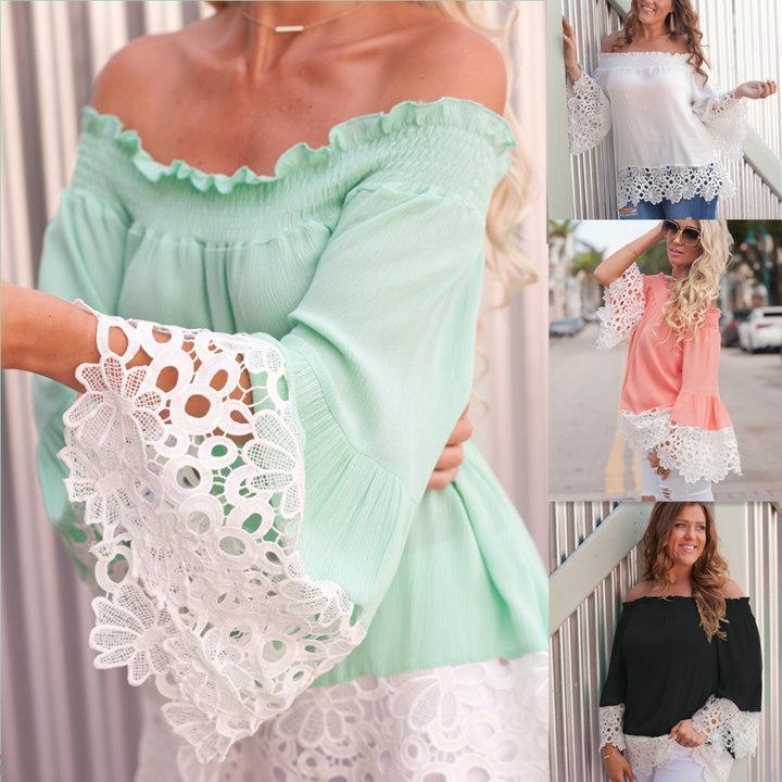 Off Shoulder Lace Splice Long Sleeve Tops Blouse