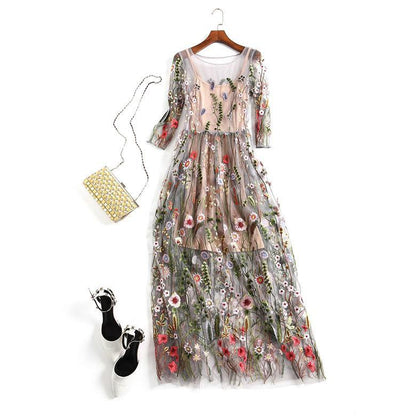 Seaside Holiday Beach Vintage Embroidered Mesh Dress