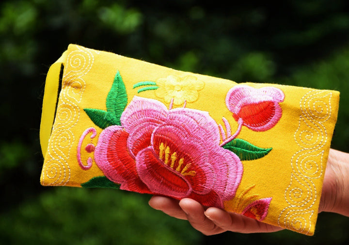 Long Double Sided Embroidered Wallet, Wrist Bag, Handheld Bag, Women'S Bag, Ethnic Style Cotton And Hemp Fabric Art Bag