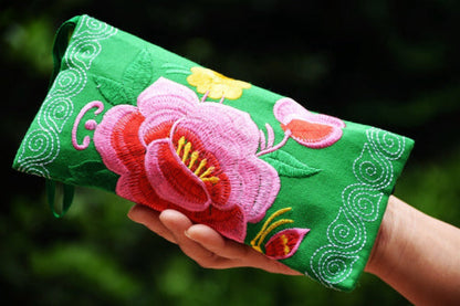 Long Double Sided Embroidered Wallet, Wrist Bag, Handheld Bag, Women'S Bag, Ethnic Style Cotton And Hemp Fabric Art Bag