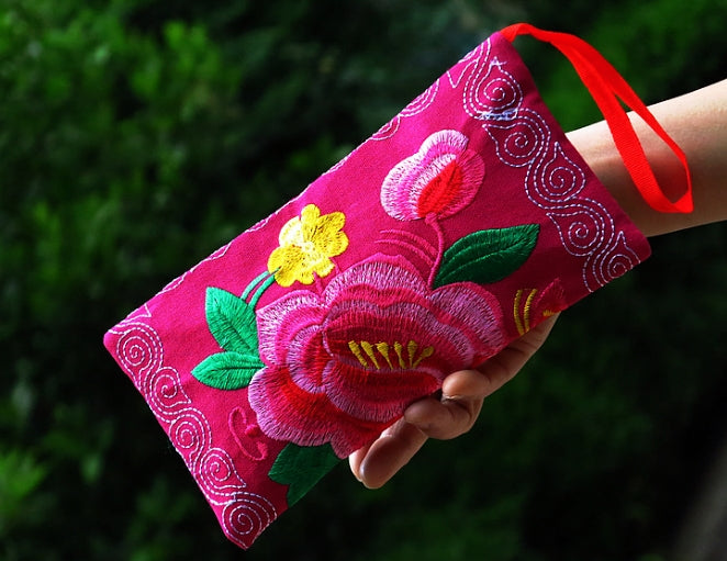Long Double Sided Embroidered Wallet, Wrist Bag, Handheld Bag, Women'S Bag, Ethnic Style Cotton And Hemp Fabric Art Bag
